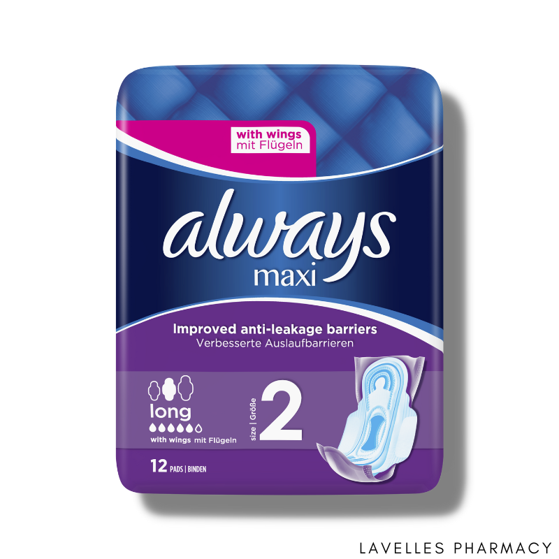 Always Maxi Long (Size 2) Sanitary Pads With Wings 12 Pack