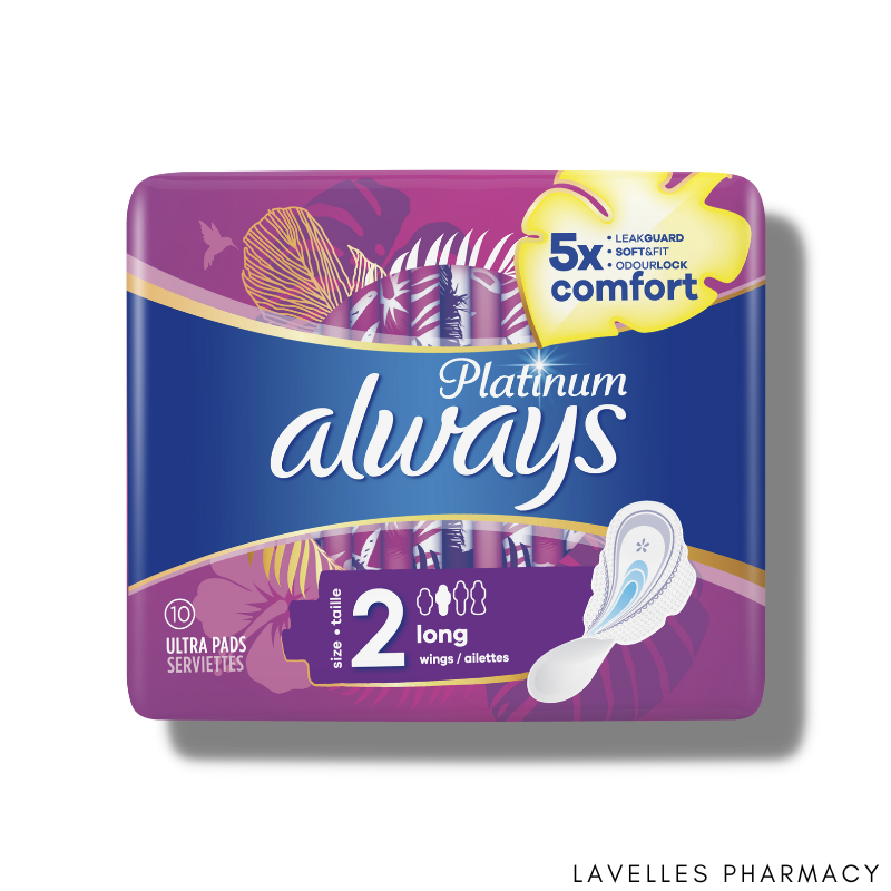 Always Platinum Long (Size 2) Sanitary Pads With Wings 10 Pack