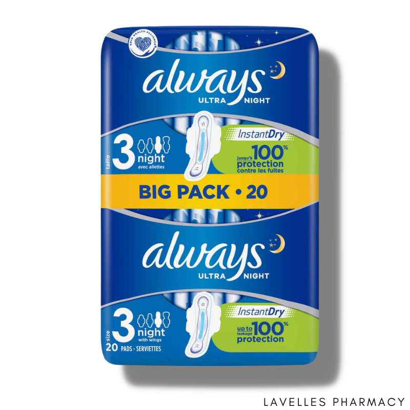 Always Ultra Night (Size 3) Sanitary Pads With Wings 20 Pack